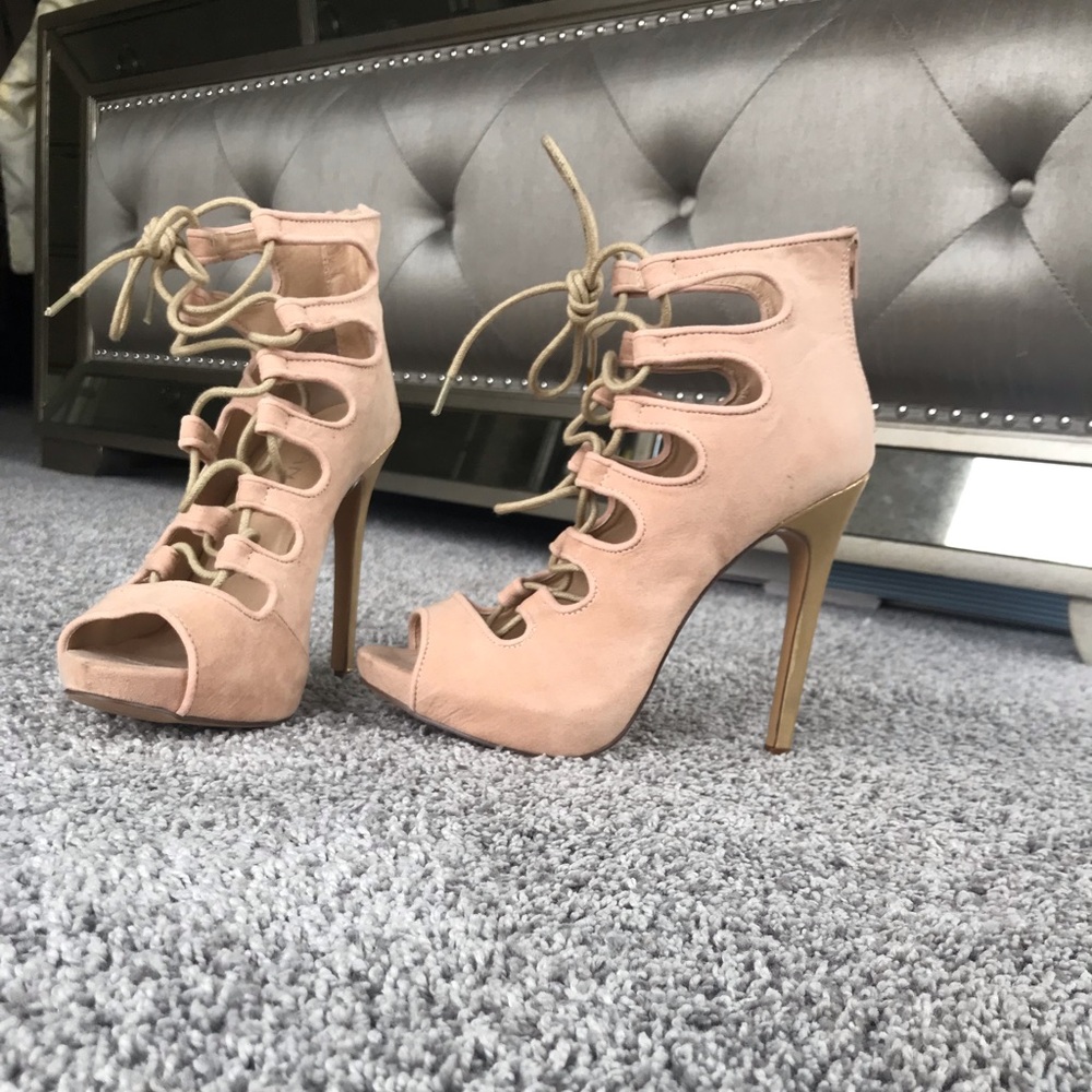 Light pink suede Liliana heels with gold heel